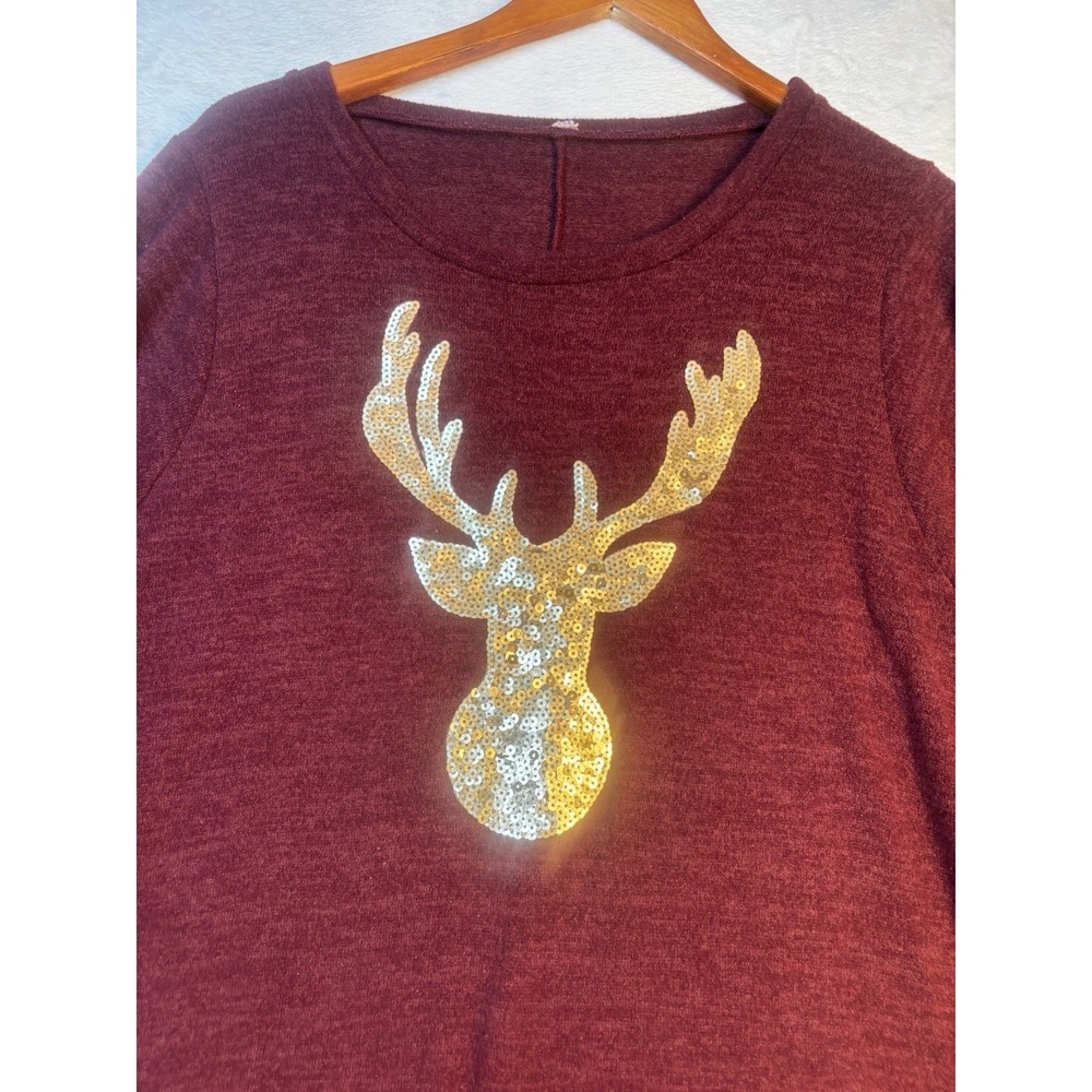 Holiday Shirt Burgundy Gold Sequin Reindeer Women's XL Top Shirt Ugly Sweater